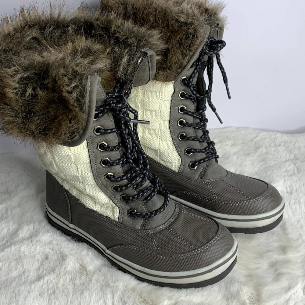Celebrity Pink Taupe and Cream Faux Fur Lace-Up Winter Boots